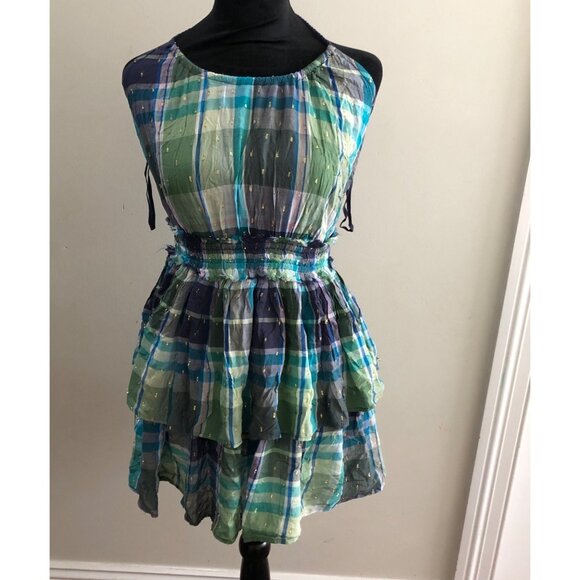 Aerie Blue Green Metallic Plaid Halter Ruffle Mini Dress Small Trendy‎ & Chic - Picture 2 of 9